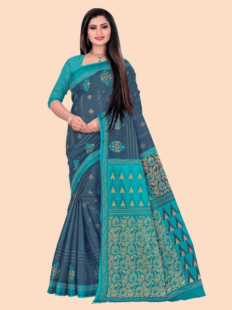 FEMMIBELLA Blue & Beige Floral Pure Cotton Saree
