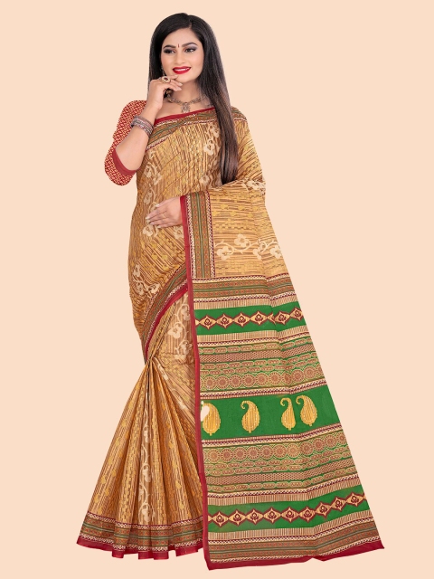 FEMMIBELLA Beige & Green Floral Pure Cotton Saree