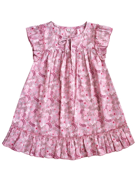 milou Girls Cotton Floral Tie-Up Neck A-Line Dress, Pink