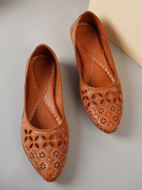 Style Shoes Women Tan Ballerinas with Laser Cuts Flats