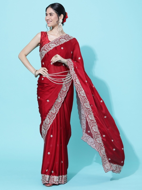 GAJARAI Red & Silver-Toned Ethnic Motifs Embroidered Satin Heavy Work Mysore Silk Saree
GAJARAI Red & Silver-Toned Ethnic Motifs Embroidered Satin Heavy Work Mysore Silk Saree