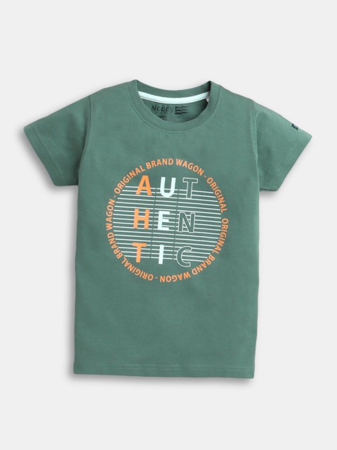 Hopscotch Boys Green Typography Printed T-shirt
