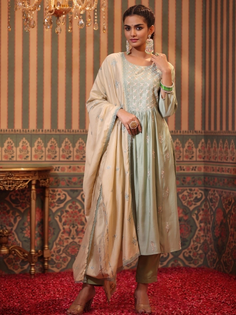 SCAKHI Women Green Floral Embroidered Chanderi Silk Kurta with Trousers & With Dupatta
SCAKHI Women Green Floral Embroidered Chanderi Silk Kurta with Trousers & With Dupatta