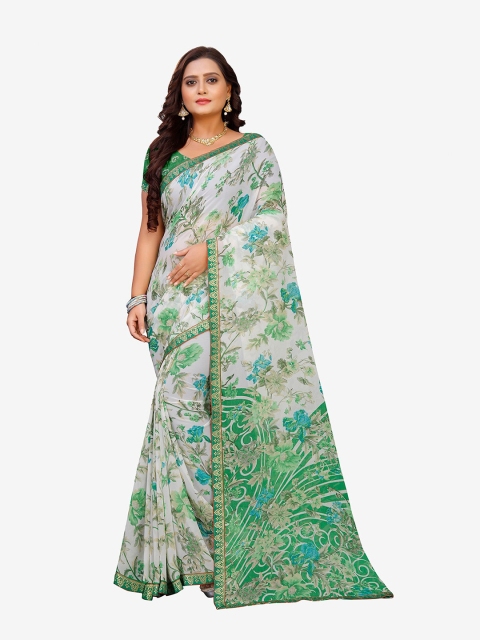 Indian Fashionista White & Green Floral Pure Georgette Saree
