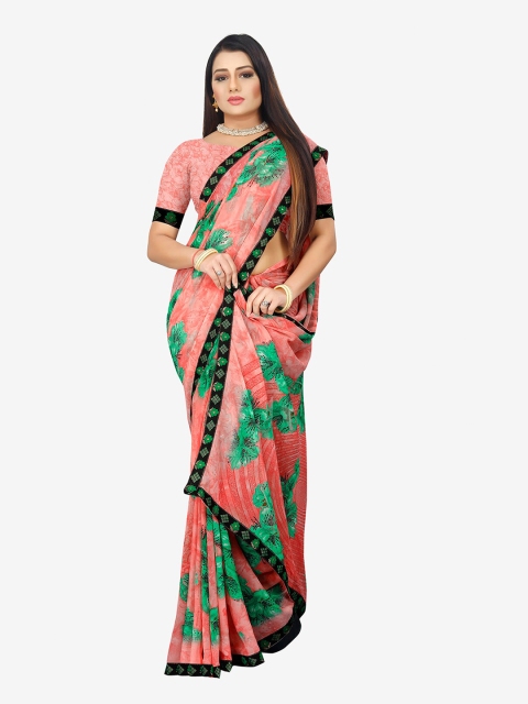 Indian Fashionista Pink & Green Floral Pure Georgette Saree