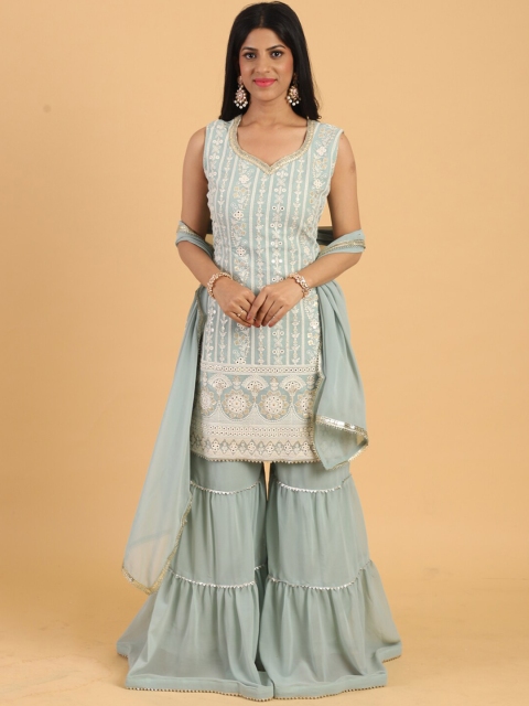 Chhabra 555 Women Turquoise Blue Embroidered Kurti with Sharara & With Dupatta Set
Chhabra 555 Women Turquoise Blue Embroidered Kurti with Sharara & With Dupatta Set