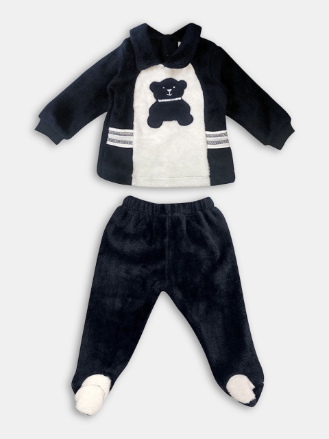 Hopscotch Boys Navy Blue & White Printed Pure Cotton T-shirt with Trousers