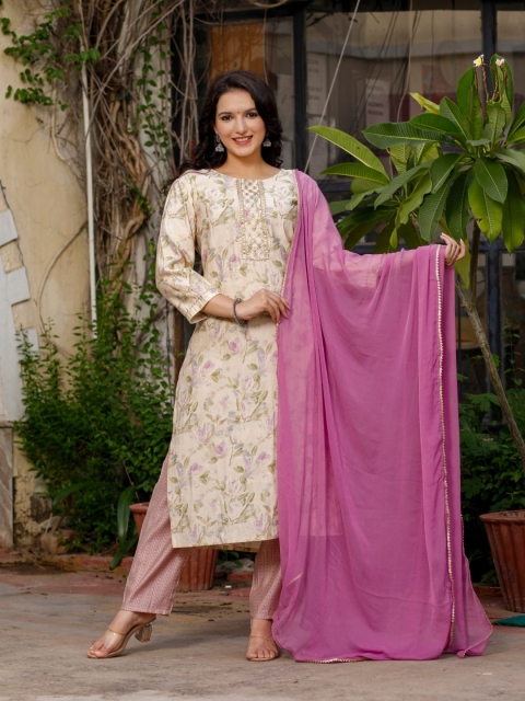 RUHAZAT Women Off White & Pink Embroidered Straight Kurta with Trousers & With Dupatta
RUHAZAT Women Off White & Pink Embroidered Straight Kurta with Trousers & With Dupatta