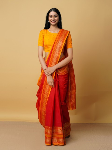 Unnati Silks Red & Gold-Toned Zari Pure Cotton Kanjeevaram Saree