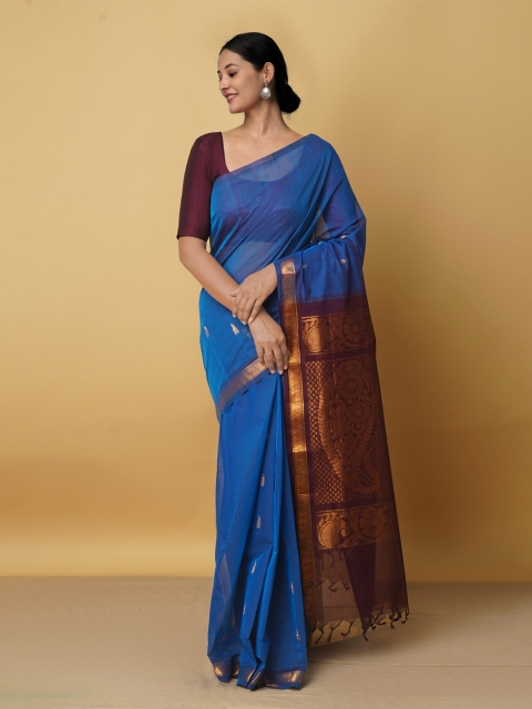 Unnati Silks Blue & Maroon Ethnic Motifs Zari Pure Cotton Venkatgiri Saree