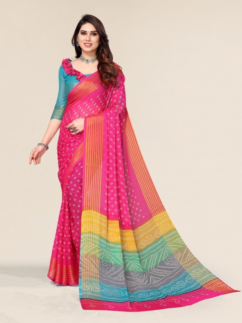Winza Designer Pink & Green Zari Pure Chiffon Bandhani Saree