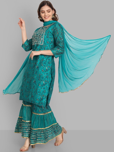 SINGNI Women Turquoise Blue Embroidered Chanderi Cotton Kurta with Sharara & Dupatta
SINGNI Women Turquoise Blue Embroidered Chanderi Cotton Kurta with Sharara & Dupatta