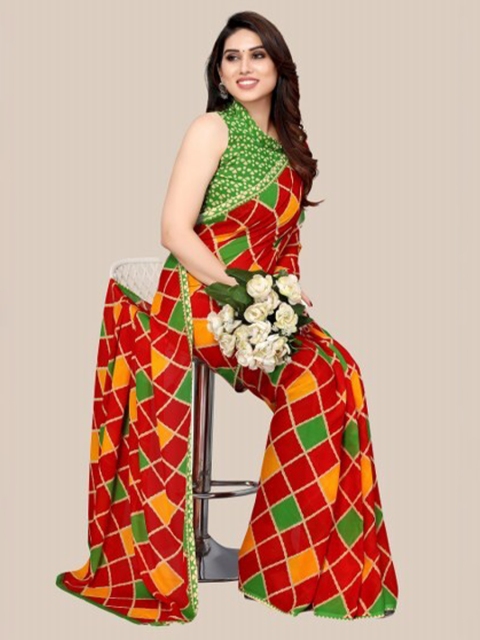 Yashika Red & Yellow Geometric Printed Saree With Blouse Piece