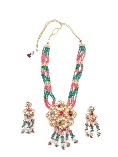 ODETTE Women Gold Plated Multi Colour Stone Studded & Beaded Jewellery Set