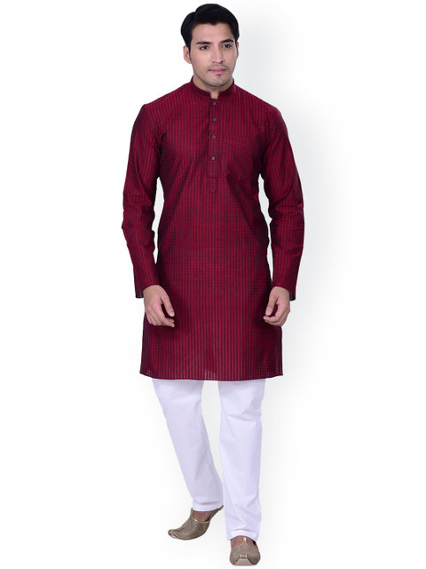 Manyavar Men Maroon Checked Straight Kurta 
Manyavar Men Maroon Checked Straight Kurta