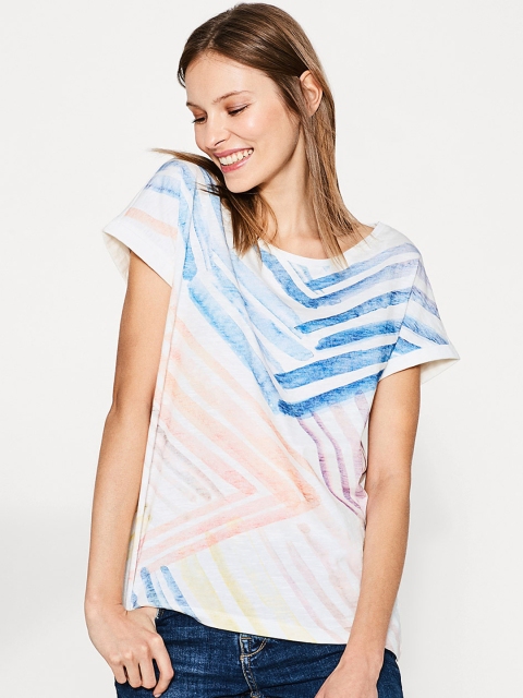 ESPRIT Women White Printed Round Neck T-shirt