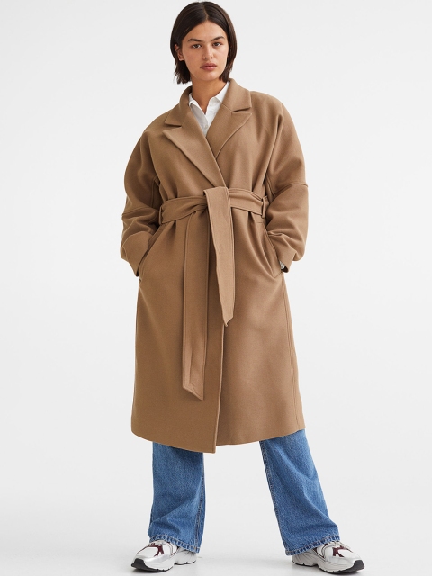 H&M Women Solid Oversized Tie-Belt Overcoat, Beige