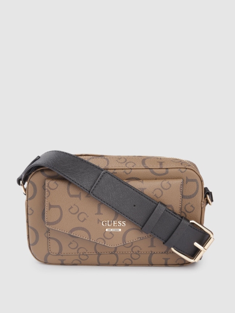 GUESS Women Brown Brand Logo Printed Structured Sling Bag