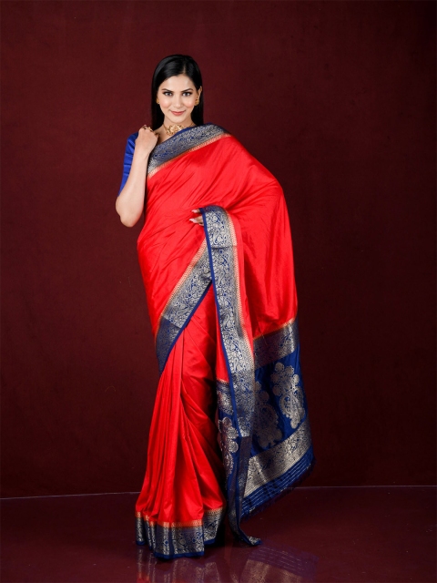 Exclusiva Red & Blue Zari Silk Blend Banarasi Saree