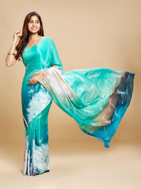 navyasa Blue & White Satin Saree