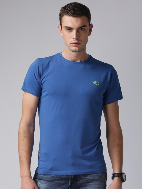 YWC Men Blue Solid Round Neck T-Shirt