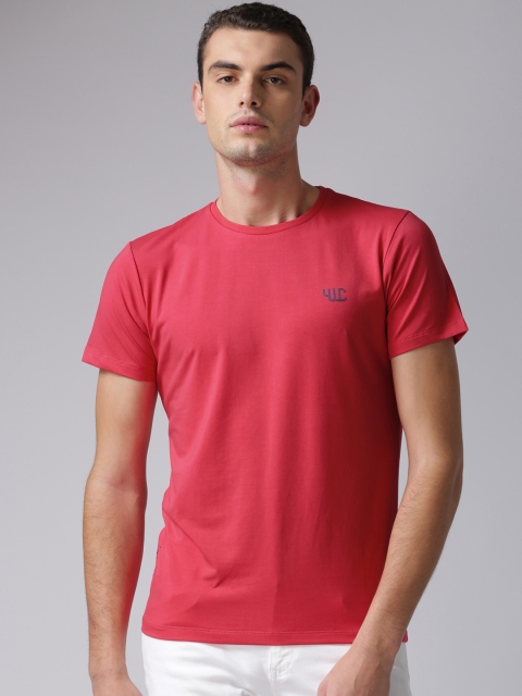 YWC Men Coral Pink Solid Round Neck T-Shirt
