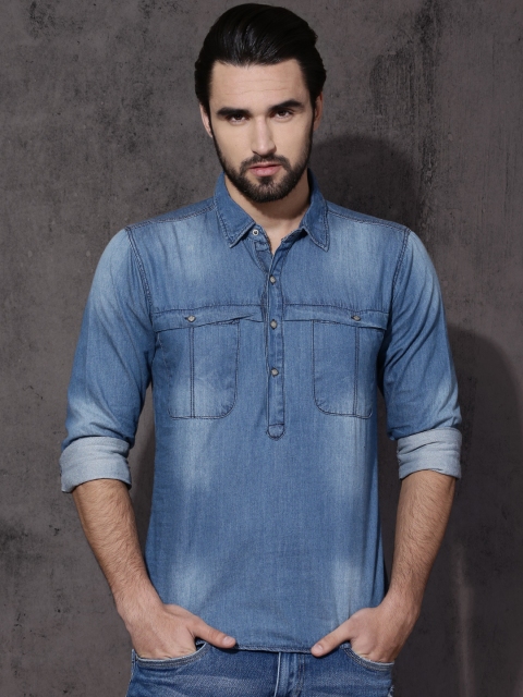 RDSTR Men Blue Regular Fit Faded Denim Shirt