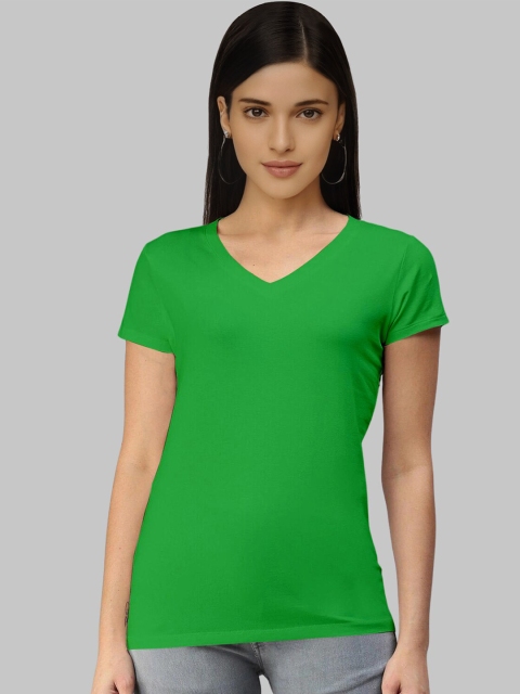 Pootlu Women Green V-Neck Pure Cotton T-shirt