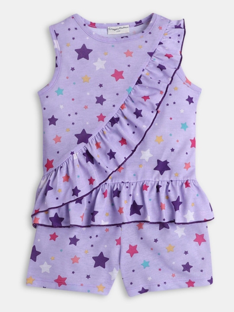 Hopscotch Girls Purple & Pink Printed T-shirt with Shorts