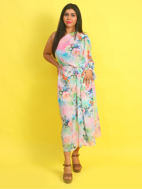 Rajoria Instyle Pink & Blue Floral One Shoulder Maxi Dress