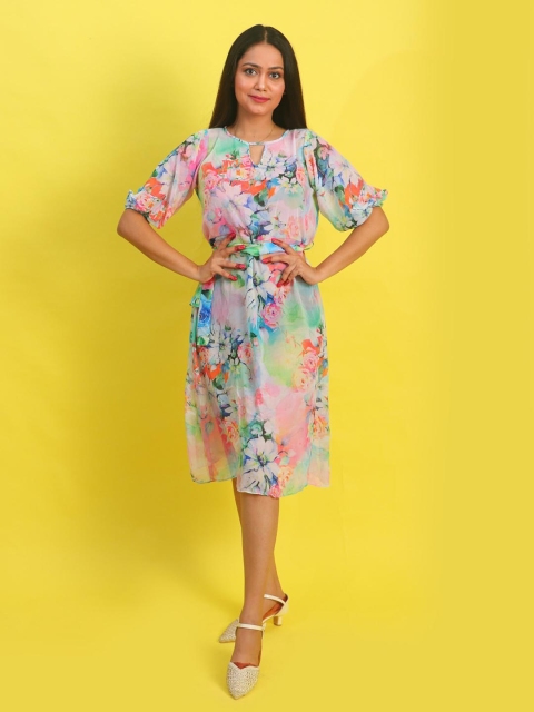 Rajoria Instyle Women White & Green Floral Keyhole Neck Georgette Dress