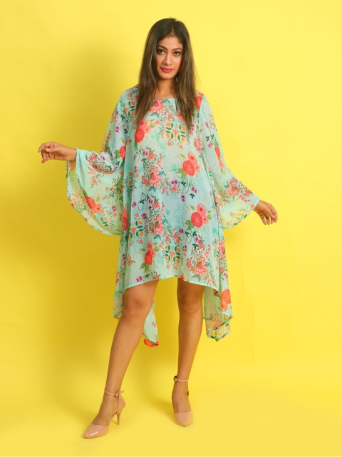 Rajoria Instyle Women Blue & Orange Floral Georgette Kaftan Dress