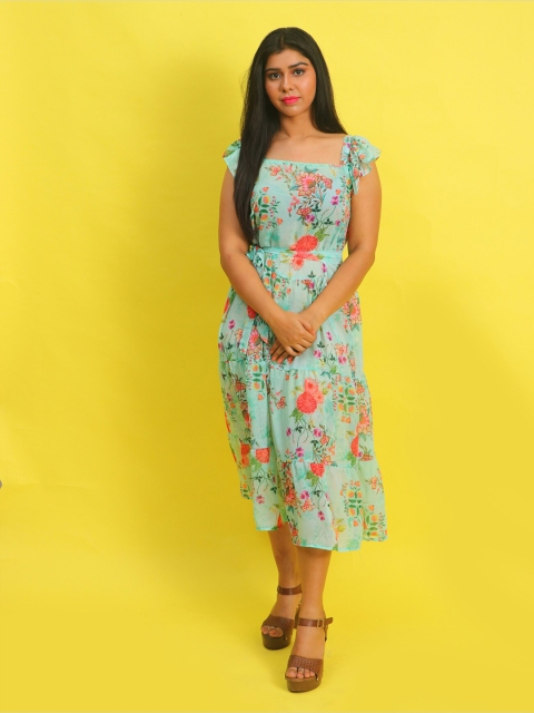 Rajoria Instyle Green Floral Printed Georgette Midi Dress