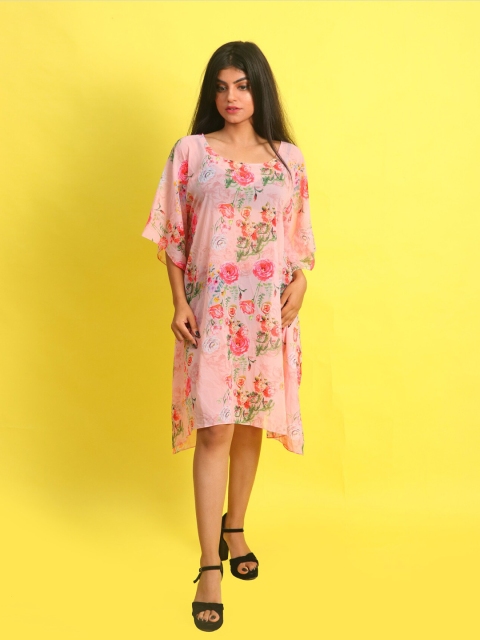 Rajoria Instyle Pink & Red Floral Printed Georgette Kaftan Dress