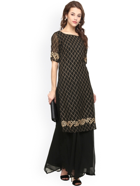 Ahalyaa Women Black & Golden Woven Design Straight Kurta