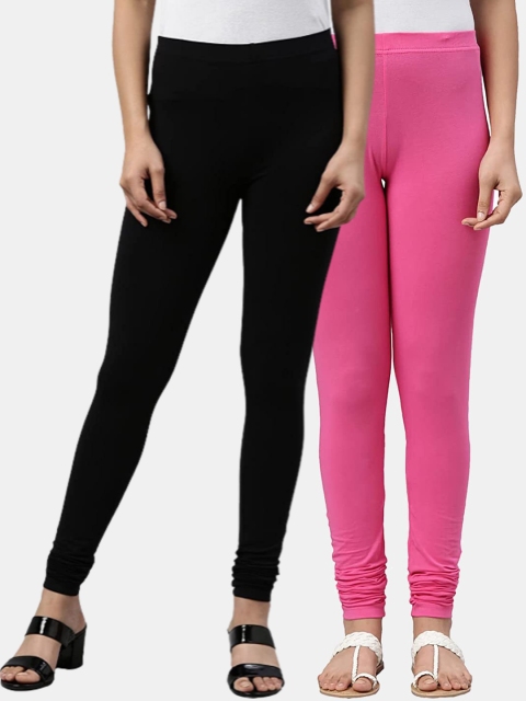 FRENCH KLEIDER Girls Pack of 2 Pink & Black Solid Churidar-Length Cotton Leggings