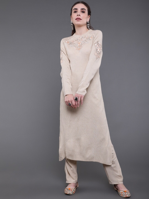 saubhagya Women Camel Brown Floral Embroidered Thread Work Kurta with Trousers