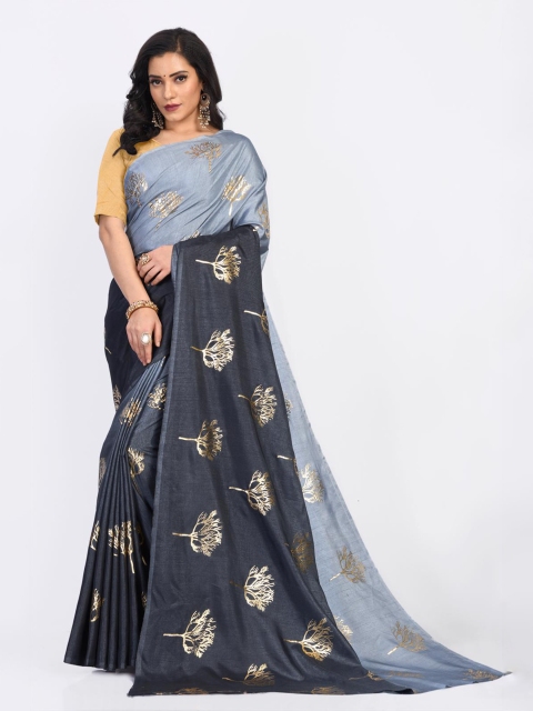 Fashion FRICKS Grey & Blue Ethnic Motifs Silk Blend Chanderi Saree
