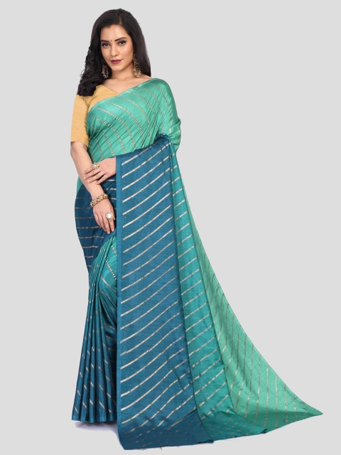 Fashion FRICKS Turquoise Blue & Gold-Toned Striped Silk Blend Chanderi Saree