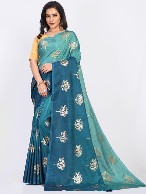Fashion FRICKS Turquoise Blue & Gold-Toned Ethnic Motifs Chanderi Saree