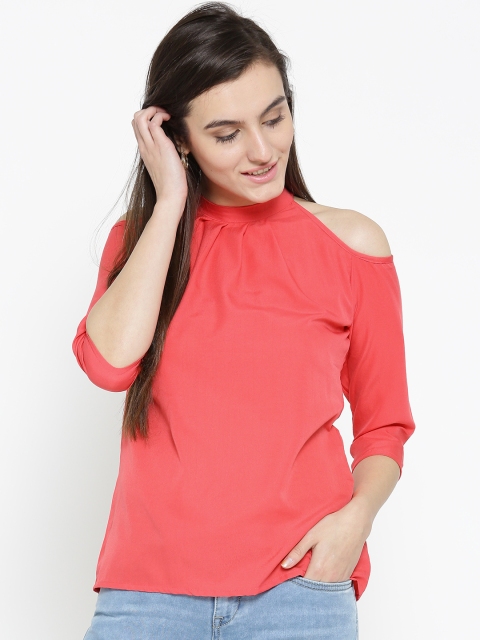U&F Women Coral Red Solid Cold Shoulder Top