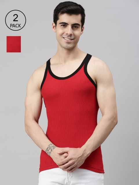 Lux Cozi Men Pack Of 2 Solid Pure Cotton Innerwear Gym Vests, Red