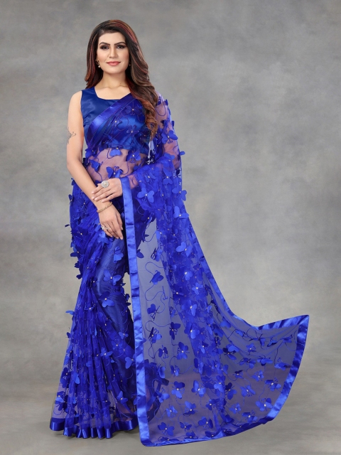 DITISA FASHION Blue & Gold-Toned Floral Patchwork Net Saree