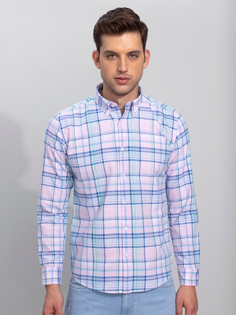 Snitch Men Pink & Blue Checked Cotton Slim Fit Casual Shirt