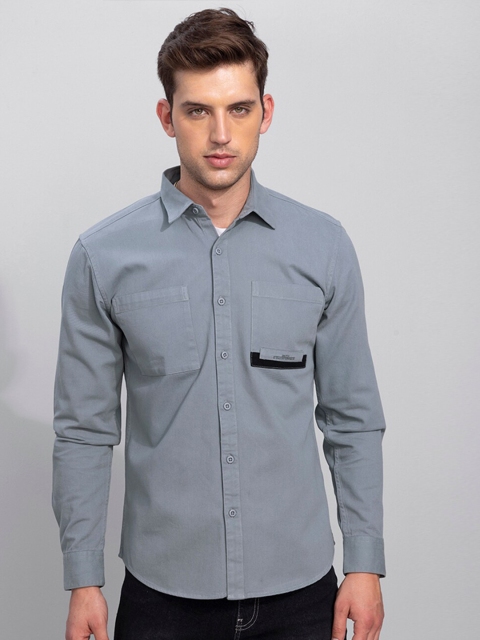 Snitch Men Grey Solid Slim Fit Casual Shirt