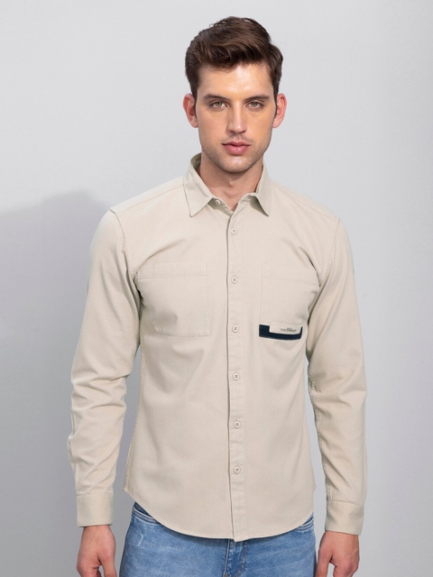 Snitch Men Cream-Coloured Slim Fit Casual Shirt