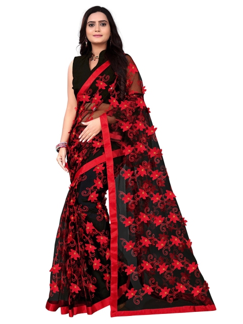 DITISA FASHION Black & Red Floral Net Saree