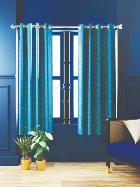 BIANCA Set of 2 Teal Self Design Black Out Window Curtains