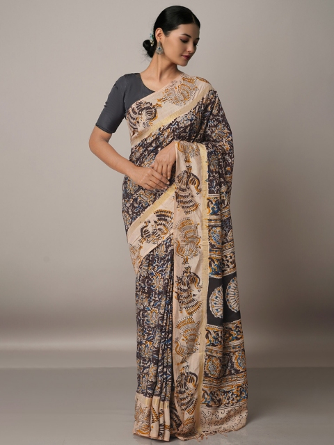 Unnati Silks Beige & Black Kalamkari Pure Silk Block Print Saree