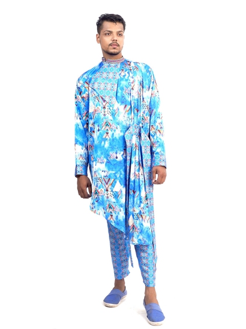 Rajoria Instyle Men Blue & White Georgette Ethnic Kaftan Dress